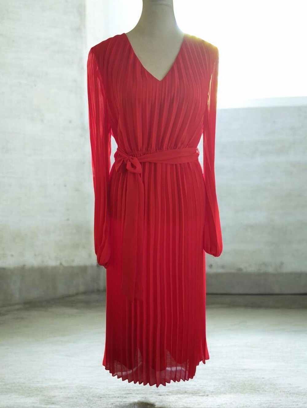 Sam Edelman Red Long Sleeve Plisse Pleated V-Neck Belted Midi Dress 8